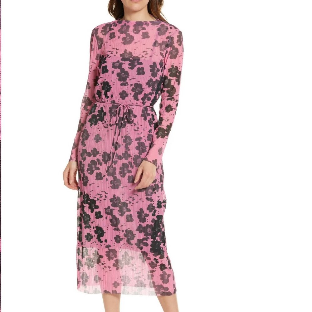 Floral Long Sleeve Plissé Mesh Midi Dress PINK W. DARK FLOWERS, Size Medium